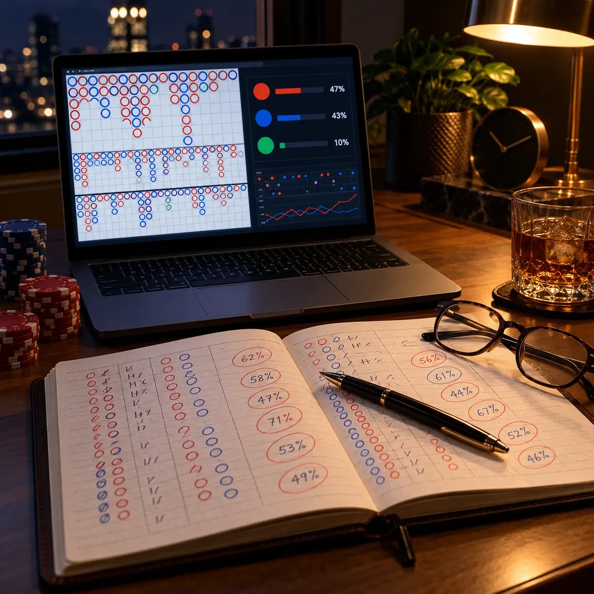 深夜复盘庄闲预测概率:笔记本上圈出的百分比数字与对账记录,屏幕上红蓝路型图与预测概率面板,台灯暖光