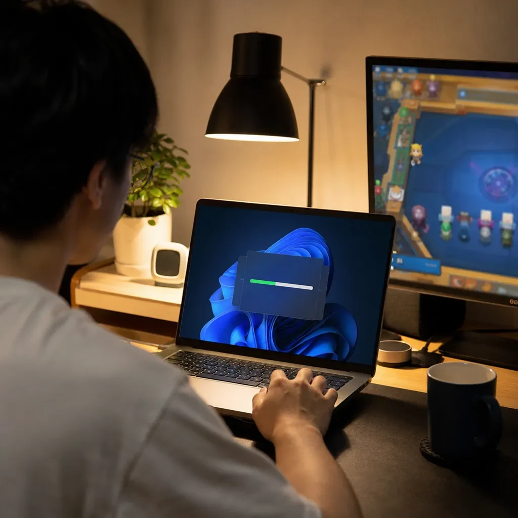 深夜书房里并排摆放的 Windows 笔记本与 MacBook，屏幕上显示百家乐路单分析界面