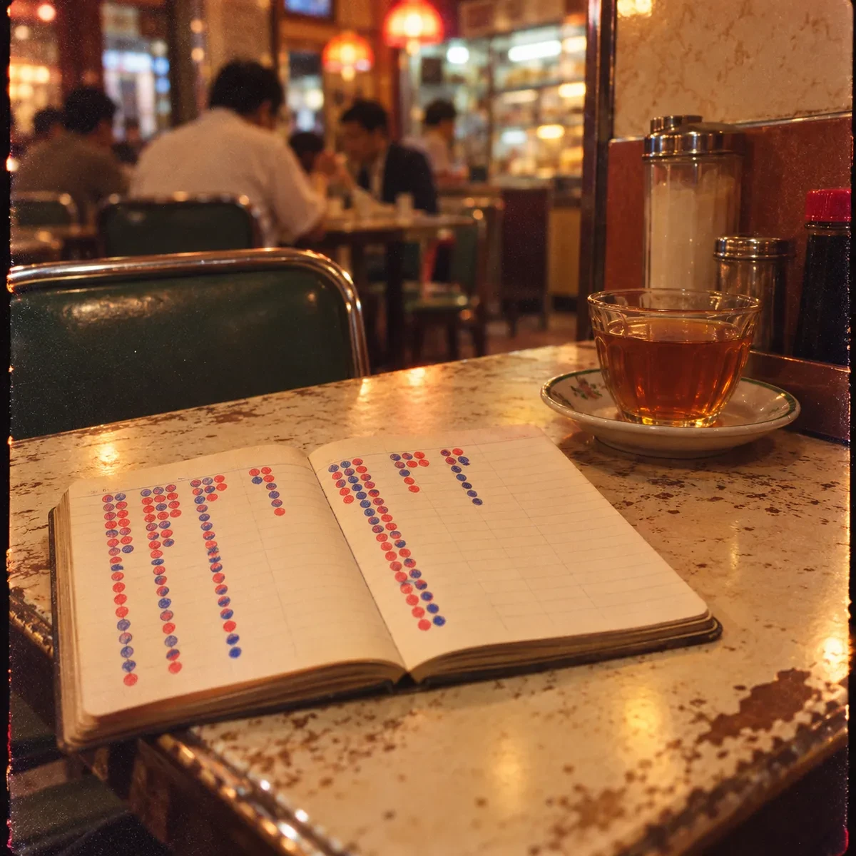 复古胶片质感：九十年代港式茶餐厅桌面上，摊开的备忘录本子手绘红蓝圆点路单柱列，旁边一杯热茶，胶片颗粒感