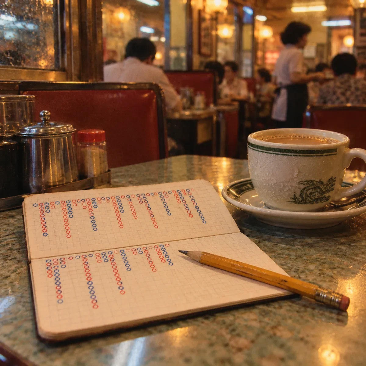 复古胶片质感：九十年代港式茶餐厅卡座里摊开的备忘录本，纸页上下两半各画着红蓝圆点路单柱列，旁边一杯冒着冷气的奶茶，暖黄灯光带颗粒感