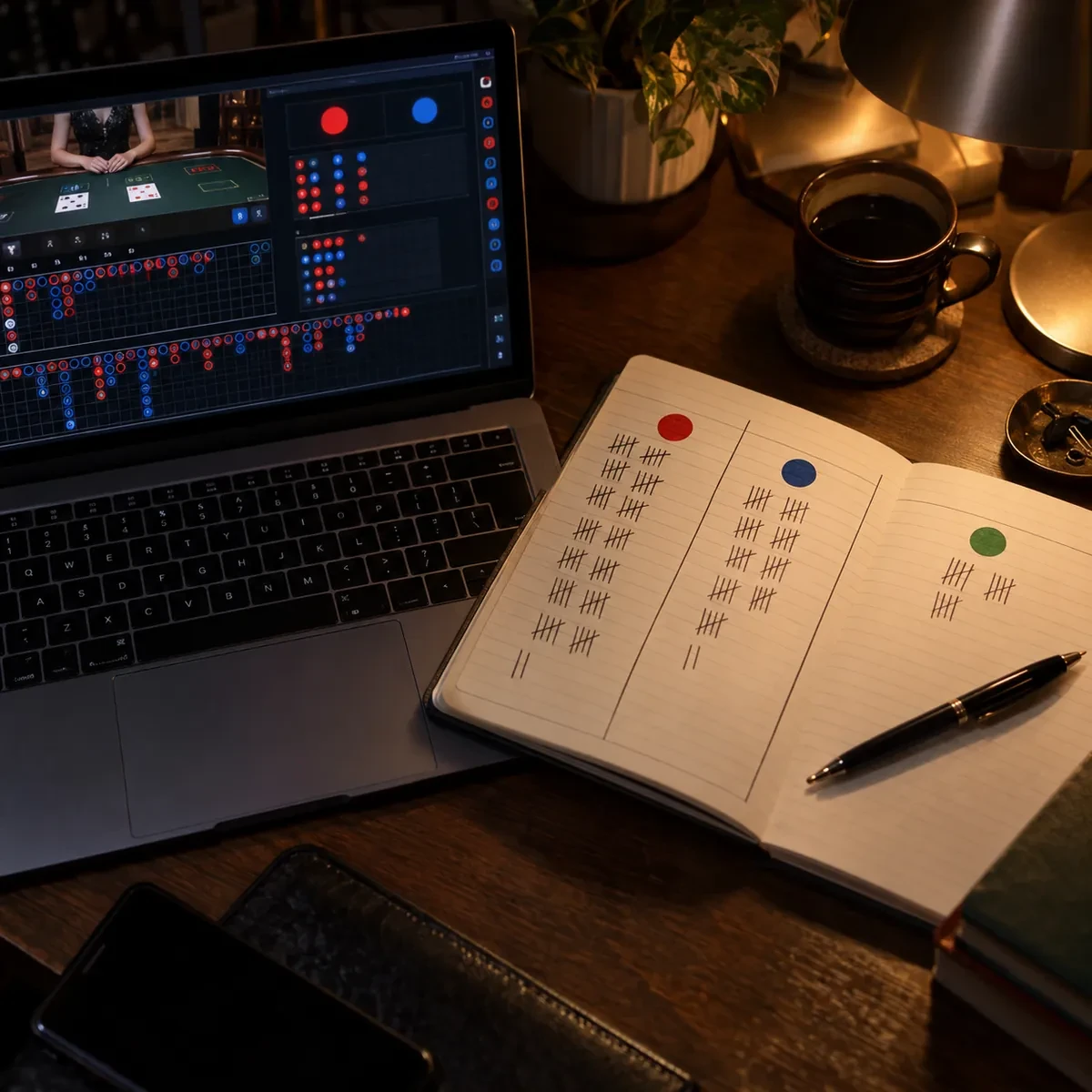 深夜书桌上笔记本电脑显示百家乐预测面板,旁边摊开着分成三栏手写记录的笔记本