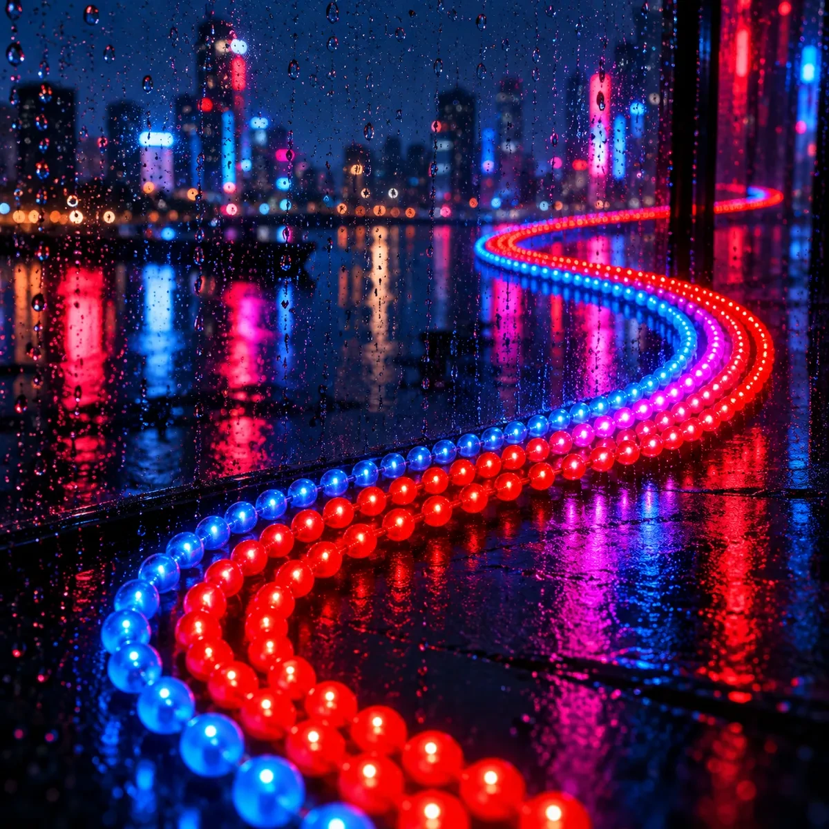 电影感霓虹夜景:深蓝夜色里一条红蓝圆点路单光带蜿蜒,在一处转弯换色,霓虹倒影落在玻璃上,无可读文字