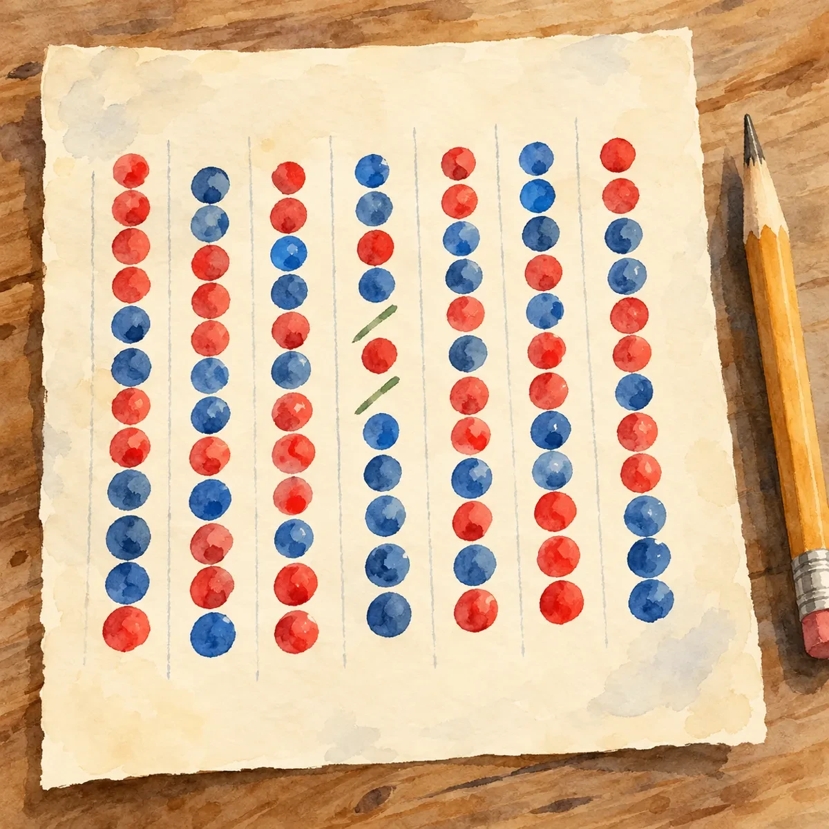 水彩手绘速写:米白纸面上红蓝圆点排成的路单柱列,一列中间有两道绿色小斜杠,旁边搁着一支铅笔,笔触松散