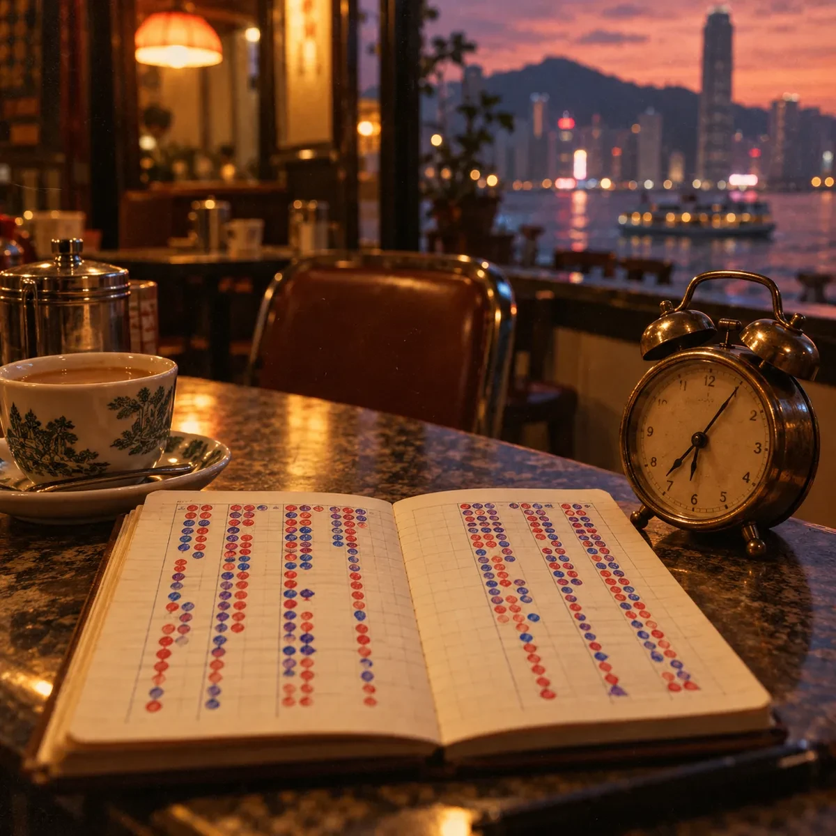 复古胶片:黄昏港式茶餐厅木桌上摊开的笔记本,纸面画着红蓝圆点路单列,中间一列空着,一旁放着老式黄铜闹钟,无可读文字