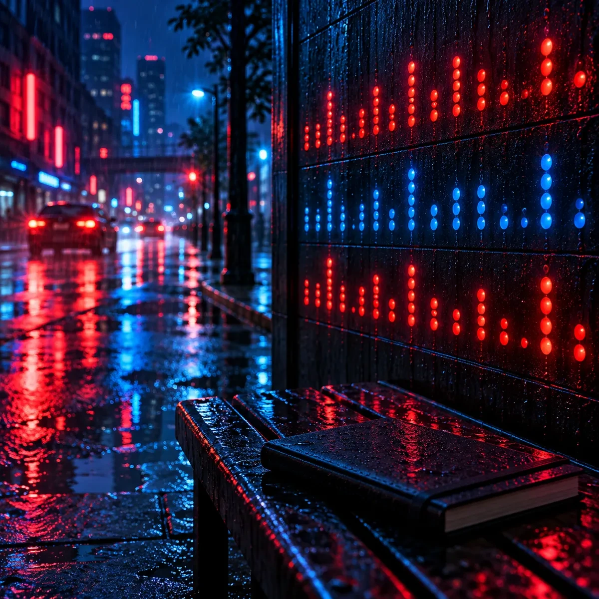 电影感霓虹夜景:雨夜湿漉漉的街面倒映着红蓝霓虹,暗色墙板上红蓝圆点排成三行横向路单柱列,水洼里映着霓虹光斑