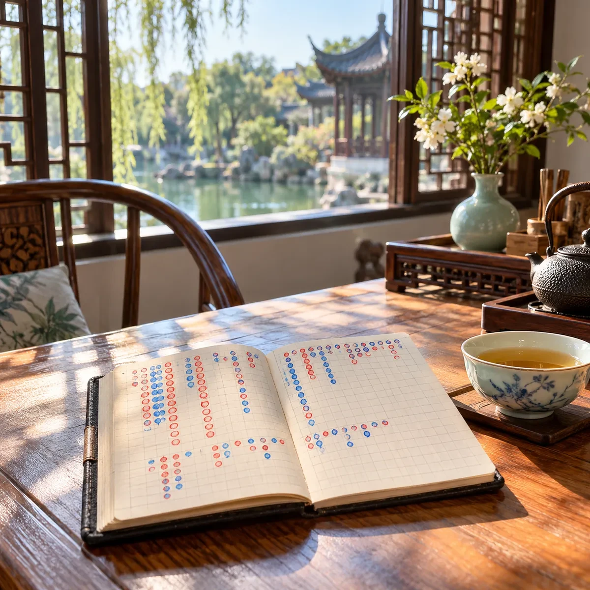 写实摄影:白天茶室窗边,摊开的备忘录本子上手绘红蓝圆点路单柱列,旁边一杯淡茶,日光明亮