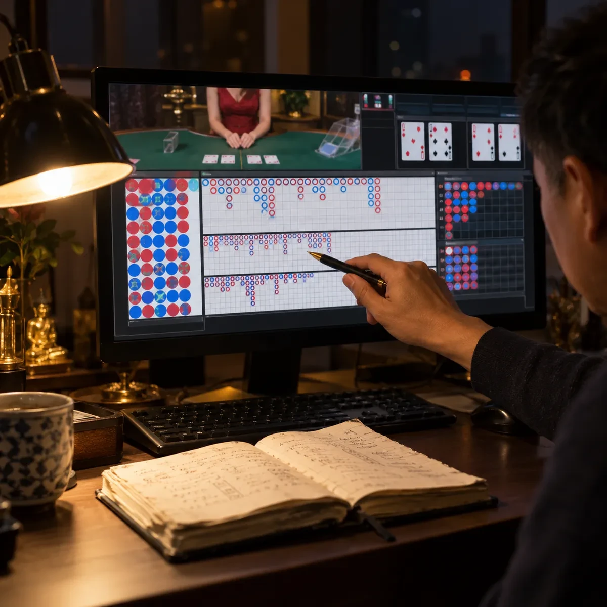 深夜书桌前对着电脑屏幕看百家乐路单做复盘