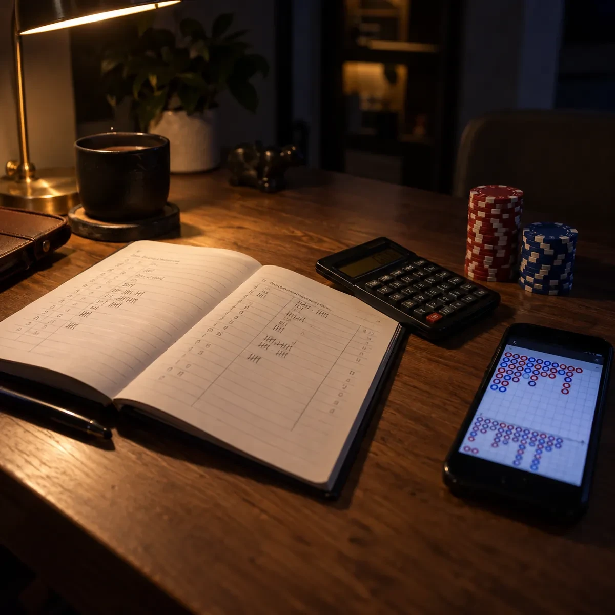 深夜灯光下摊开的记账本、计算器与显示百家乐红蓝路单的手机,记录两本注码账的复盘一角