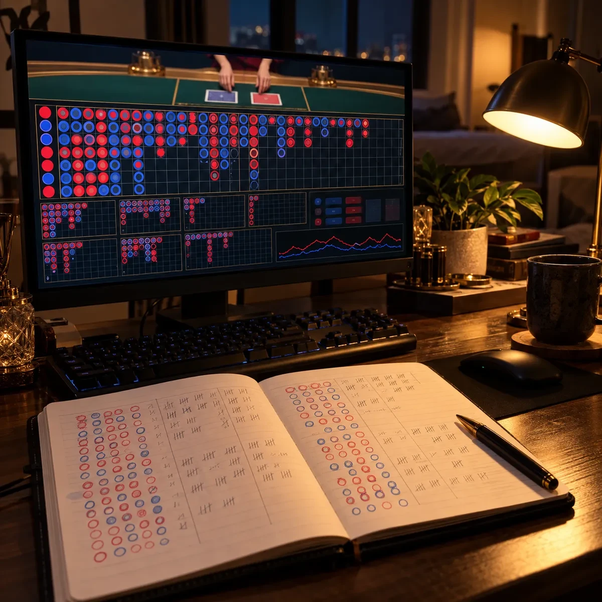 深夜书桌上摊开的手抄路单本与红蓝两支笔，屏幕上软件自动生成的五路路型图并排对照，台灯暖光