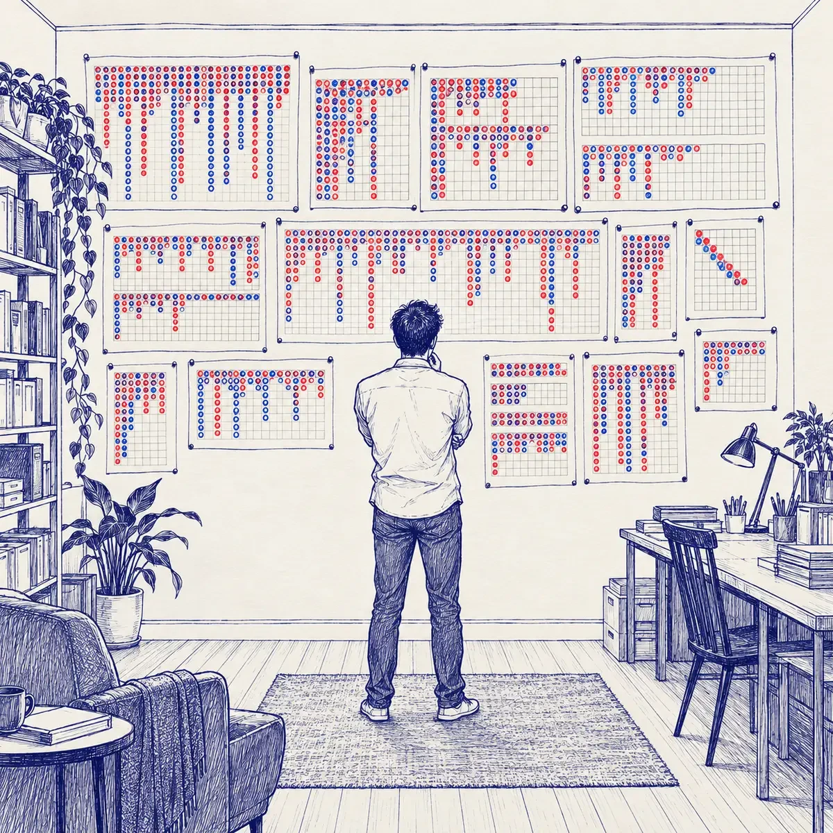 单色线描插画:靛蓝墨线画的书房墙面贴满红蓝圆点路单纸,远处站着一个人正望着墙