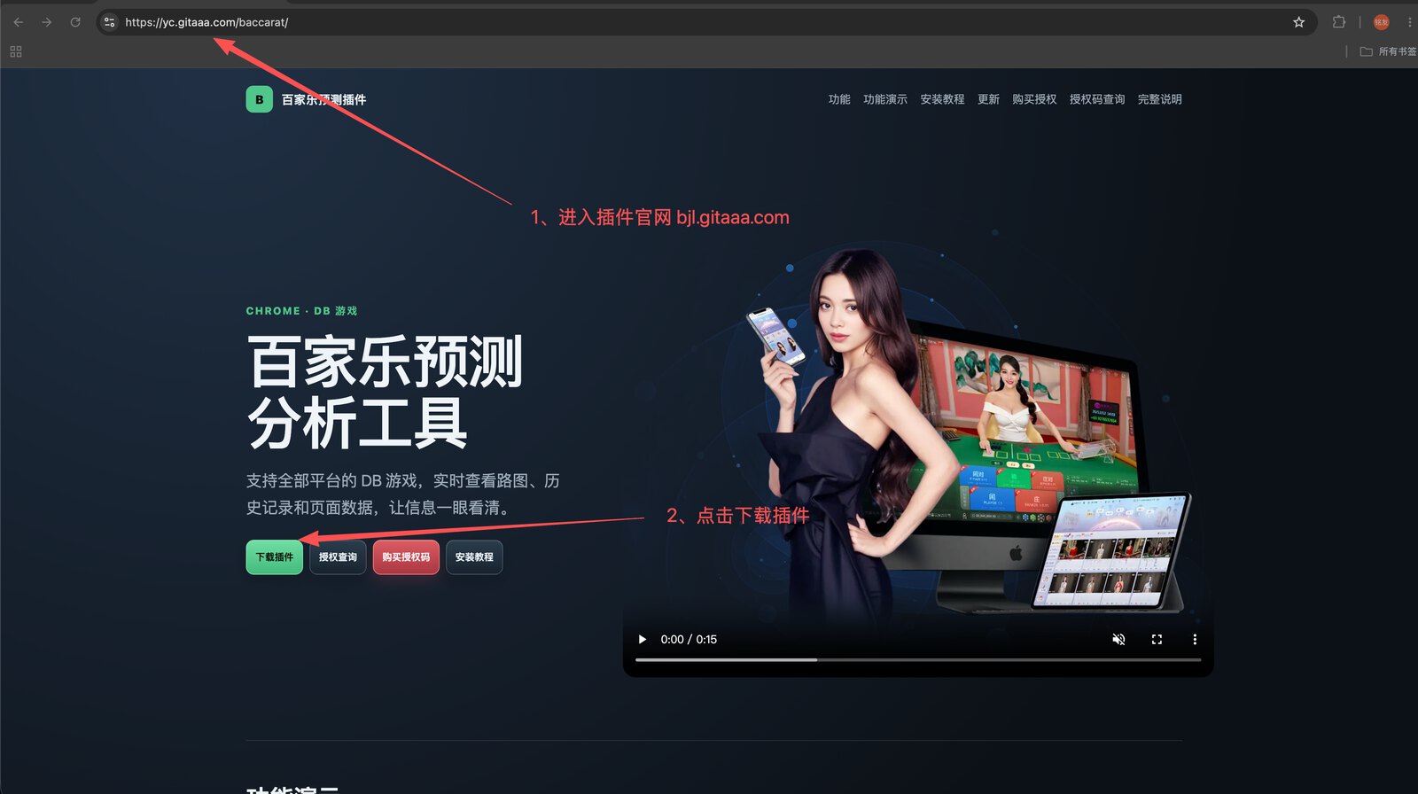 Screenshot of the extension website and download button