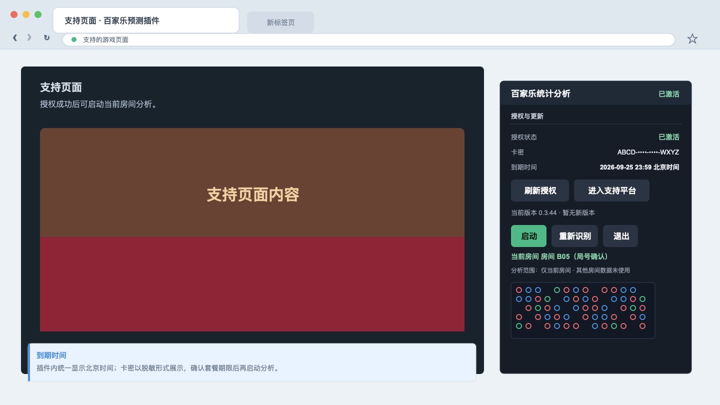 百家乐统计分析侧边栏显示 v1.2.5 授权状态和北京时间到期时间